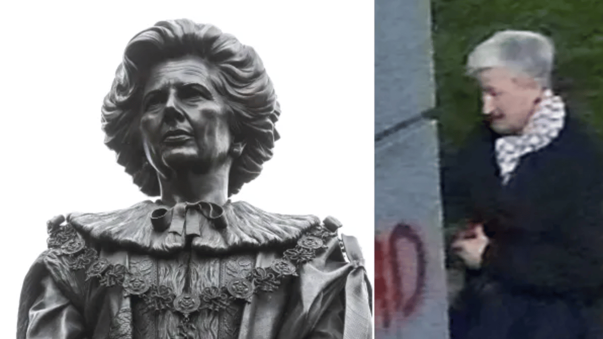On the left is the statue of Margaret Thatcher. On the right is an old lady spraying the word "Bastard" on the statue with red spray paint