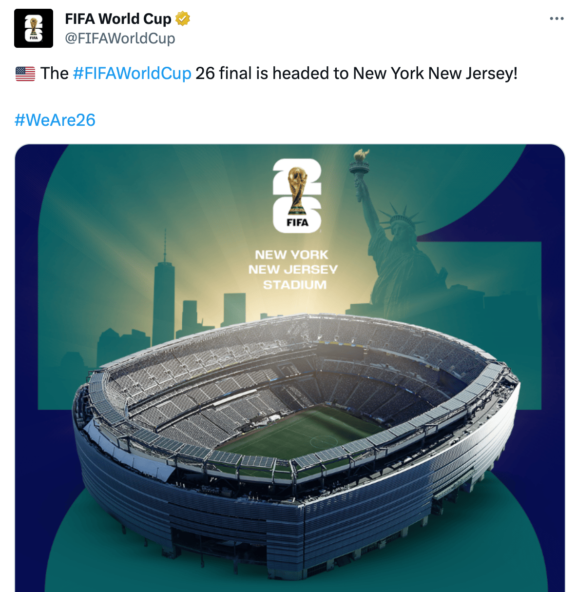 Tweet from FIFA announcing that the 2026 World Cup Final will be in "New York New Jersey"