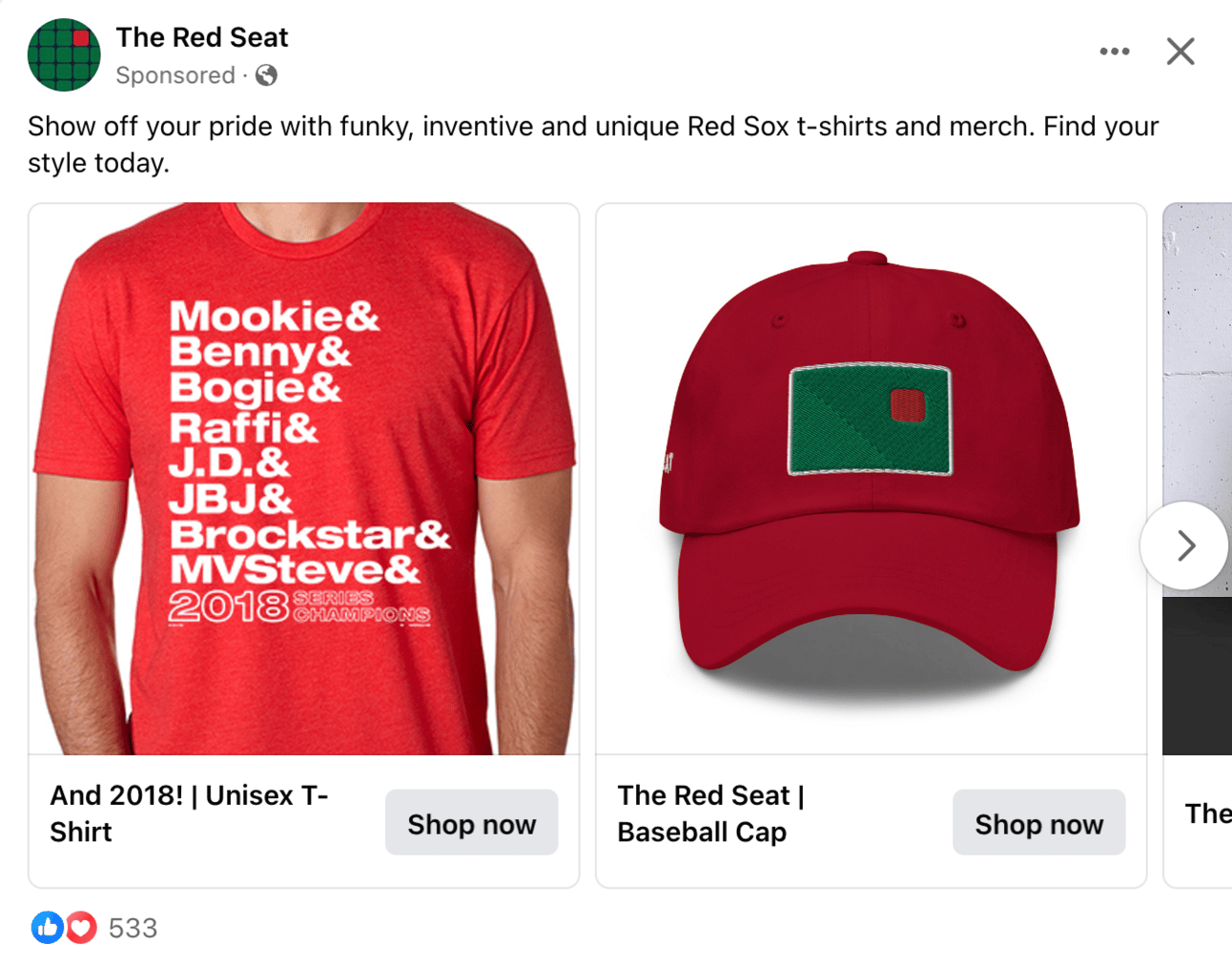Ad for a Boston Red Sox shirt with the names of players from the 2018 team writtn in the style of the those "Hamilton" shirts 