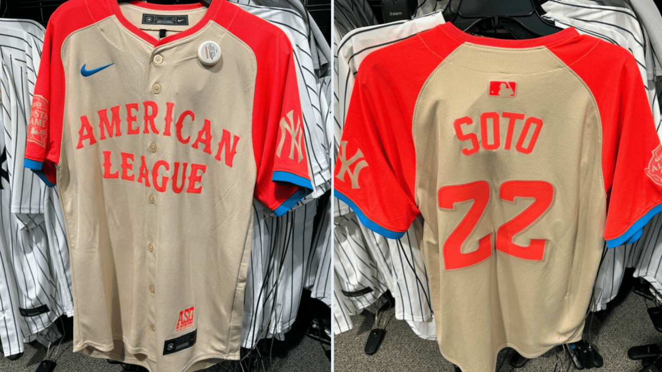 Generic looking Juan Soto American League jersey with a tan body and orange/red sleeves