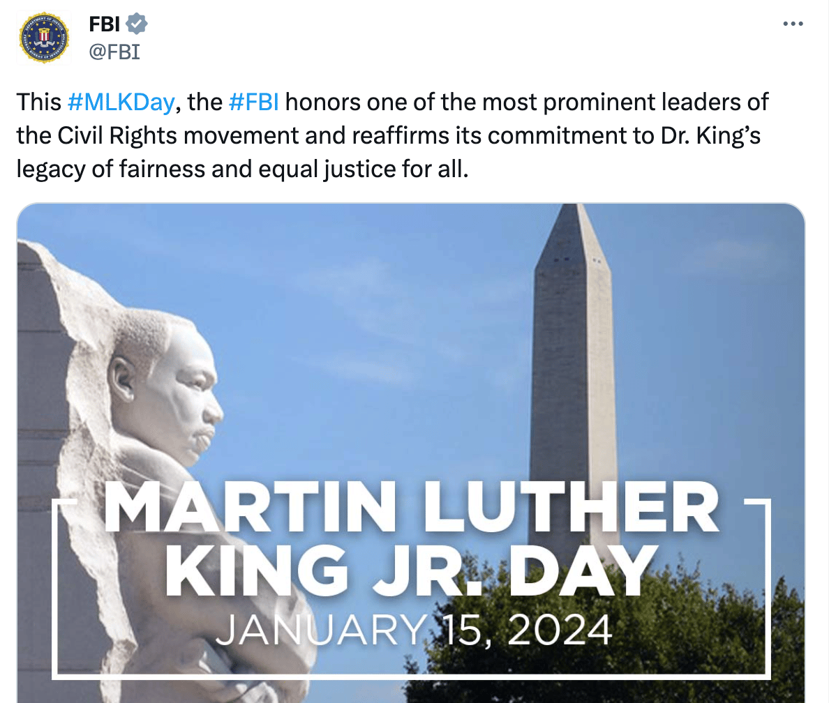 Tweet from the FBI honoring MLK 