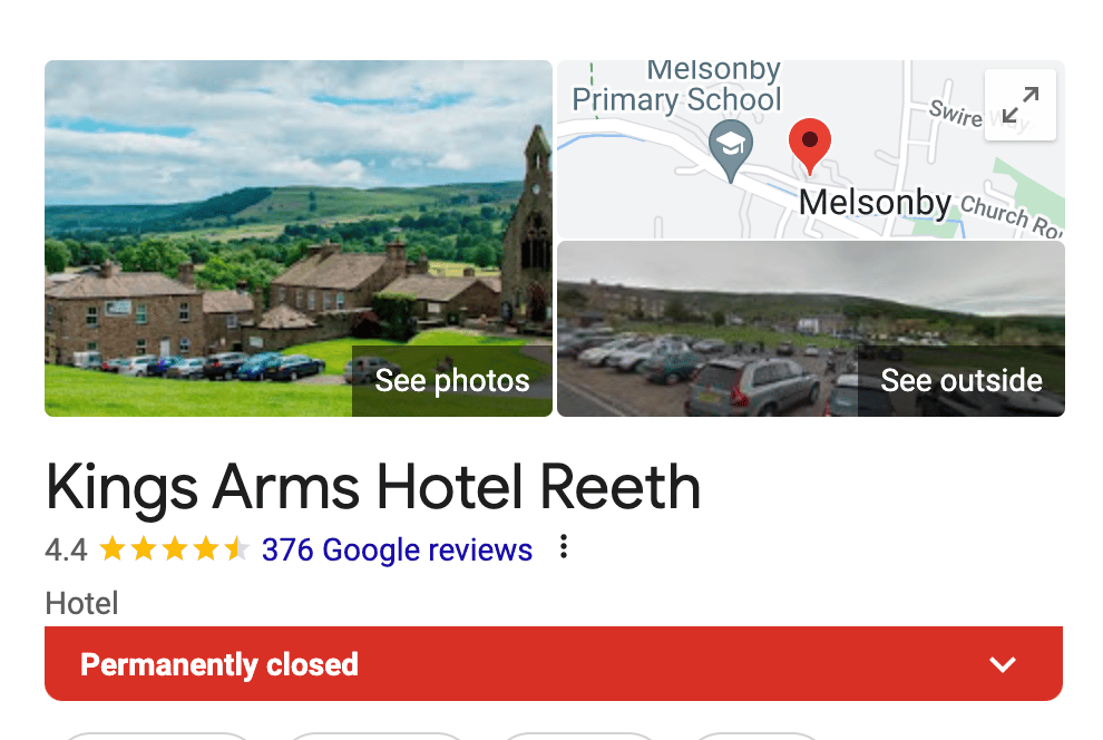Google Maps page for the Kings Arms Hotel in Reeth shown as "permanently closed"