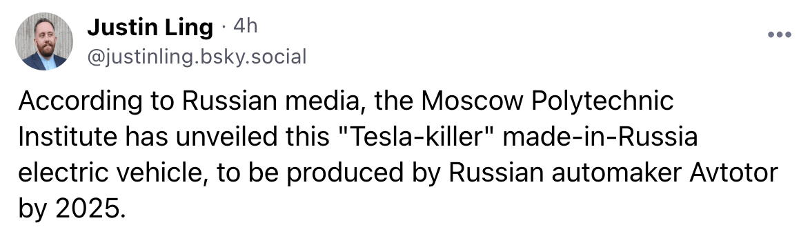 According to Russian media, the Moscow Polytechnic Institute has unveiled this "Tesla-killer" made-in-Russia electric vehicle, to be produced by Russian automaker Avtotor by 2025.