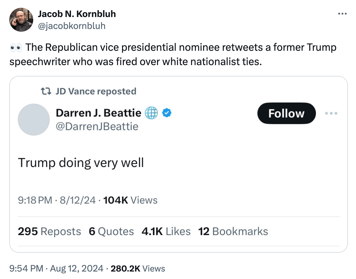 Image of J.D. Vance retweeting Beattie praising Trump during the Elon Musk livestream last night