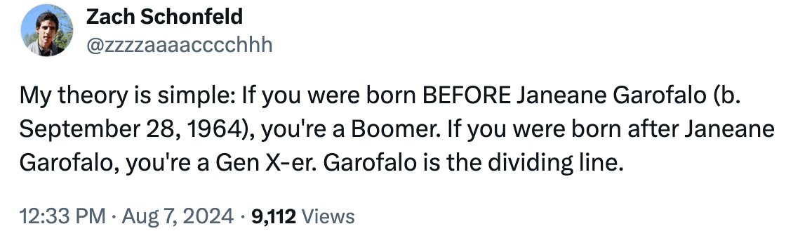 Tweet from Zach Schonfeld: "My theory is simple: If you were born BEFORE Janeane Garofalo (b. September 28, 1964), you're a Boomer. If you were born after Janeane Garofalo, you're a Gen X-er. Garofalo is the dividing line."