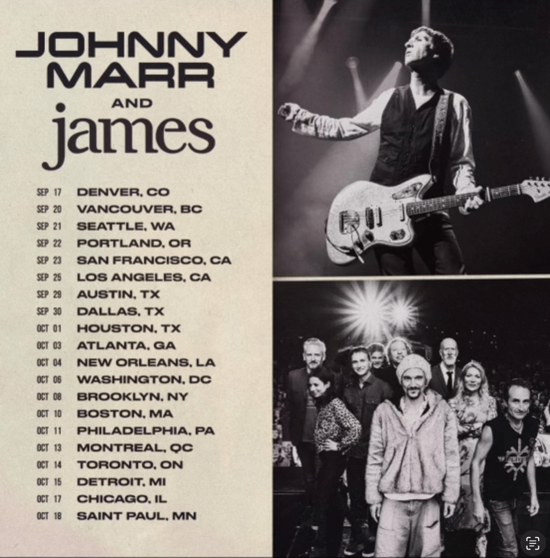 Tour announcement for a Johnny Marr/James double bill this fall