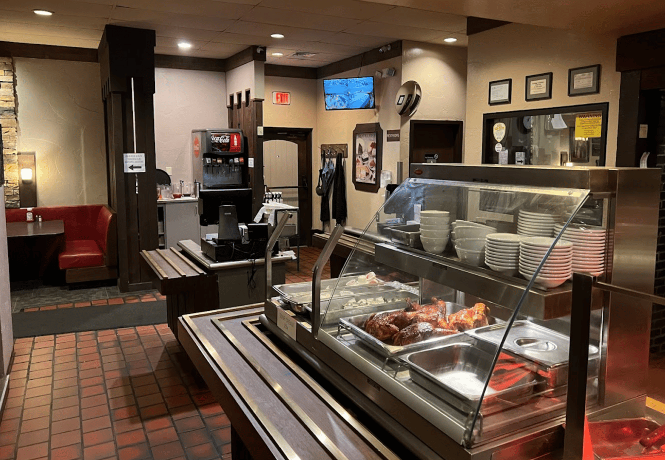 York Steakhouse interior, cafeteria area, looking very 1970s