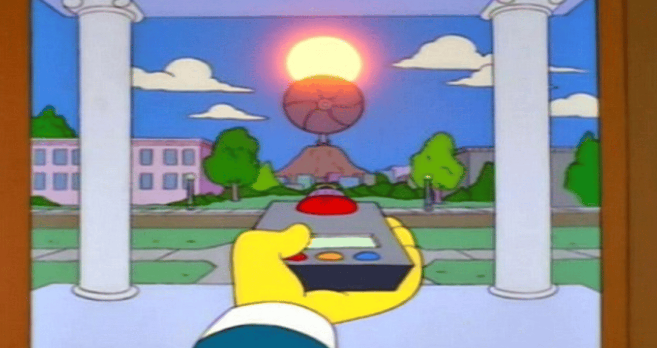Mr. Burns from The Simpsons using a remote control to block out the sun