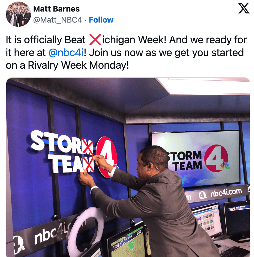 Tweet from a TV weatherman in Columbus showing him marking out the "Ms" on the TV news set with red Xs 