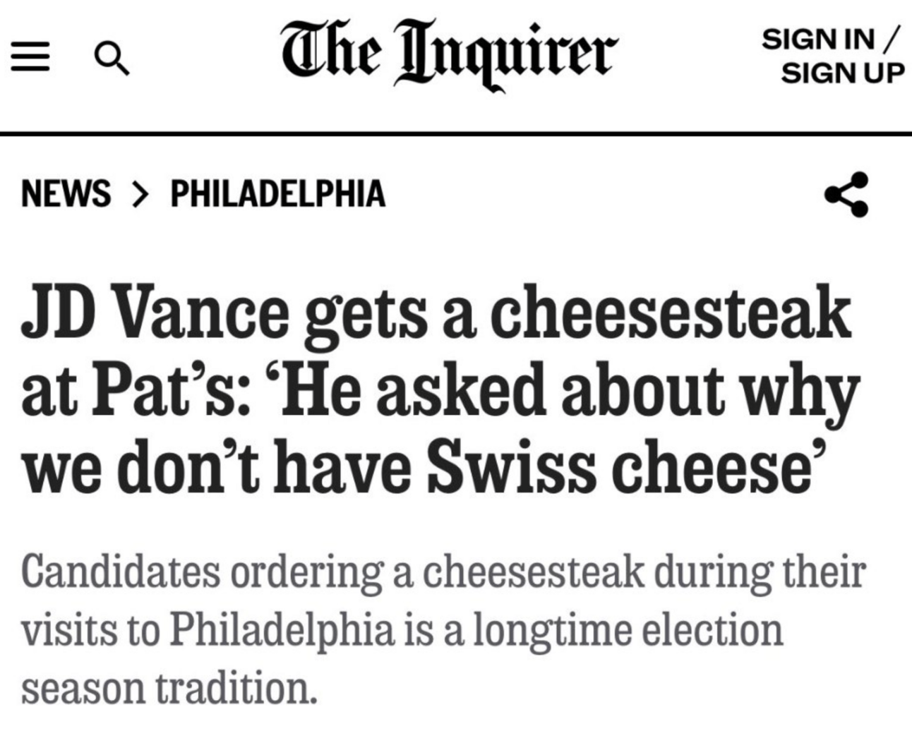 J.D. Vance gets a cheesesteak at Pat's: 'He asked about why we dont have Swiss cheese'" 