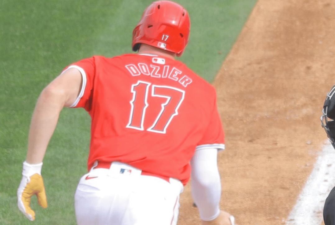 Hunter Dozier wearing #17 for the Angels in spring training