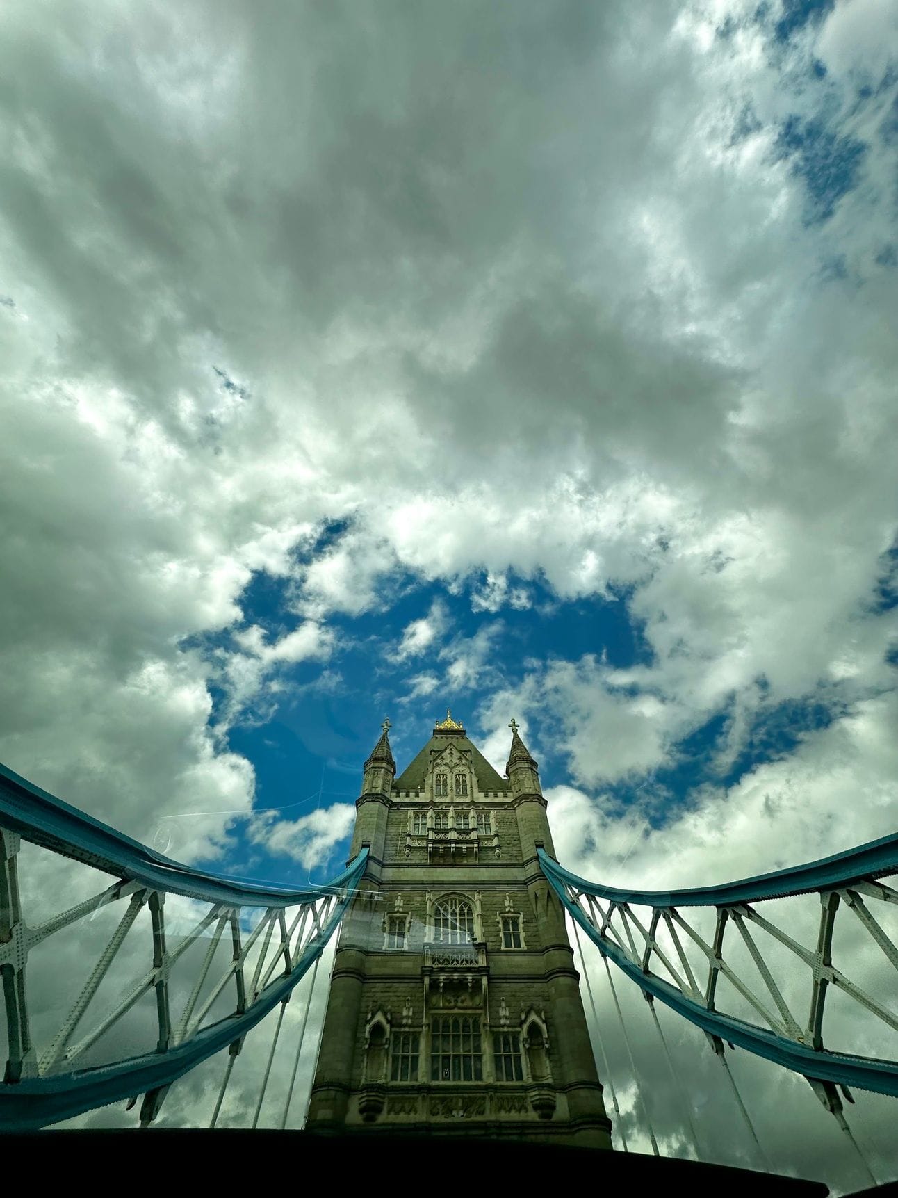 View of Tower Bridge through the sunroof of the car