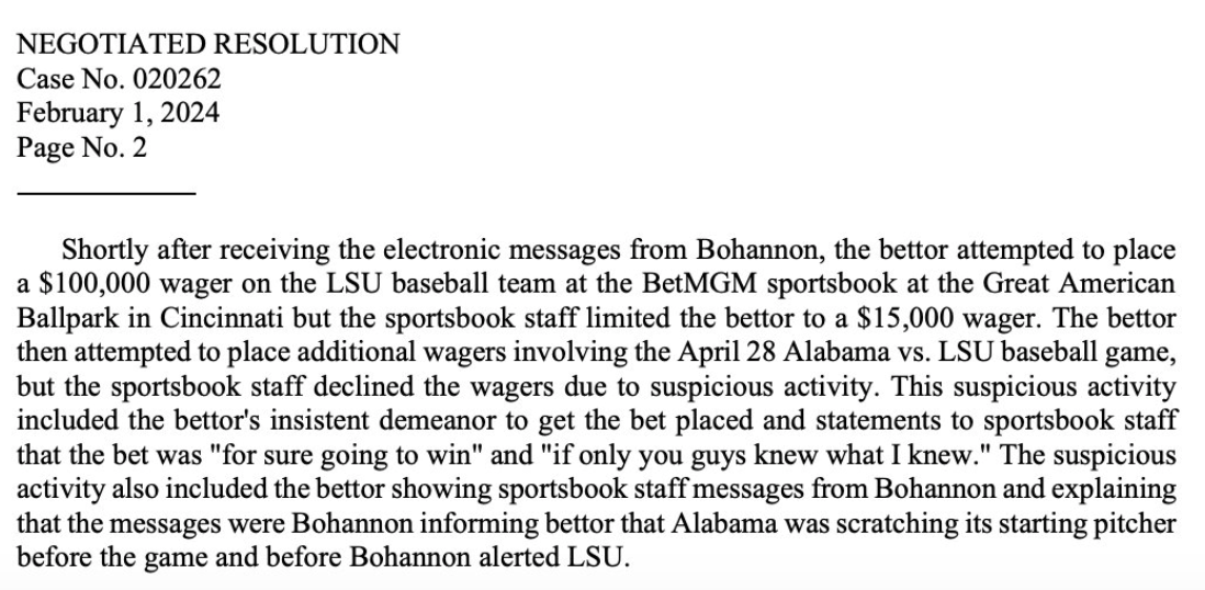 screencap from a "negotiated resolution" of the gambling affair, revealing that the guy placing the bet in Cincinnati said "this bet is for sure gonna win!" and "if only you guys knew what I knew!"