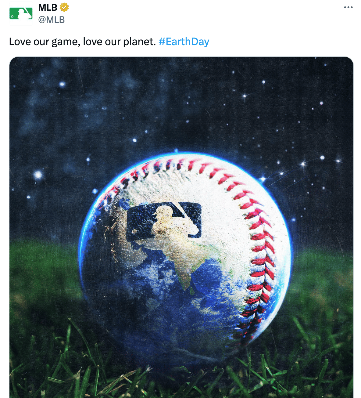 MLB tweet, with a green MLB logo, saying "Love our game, love our Earth. Happy Earth Day"