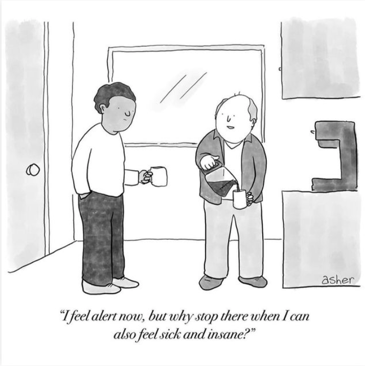 Cartoon with a guy pouring a cup of coffee and saying "I feel alert now, but why stop there when I can also feel sick and insane?"