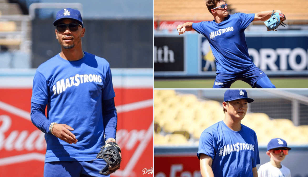 Dodgers players in "#MaxStrong" warmup shirts