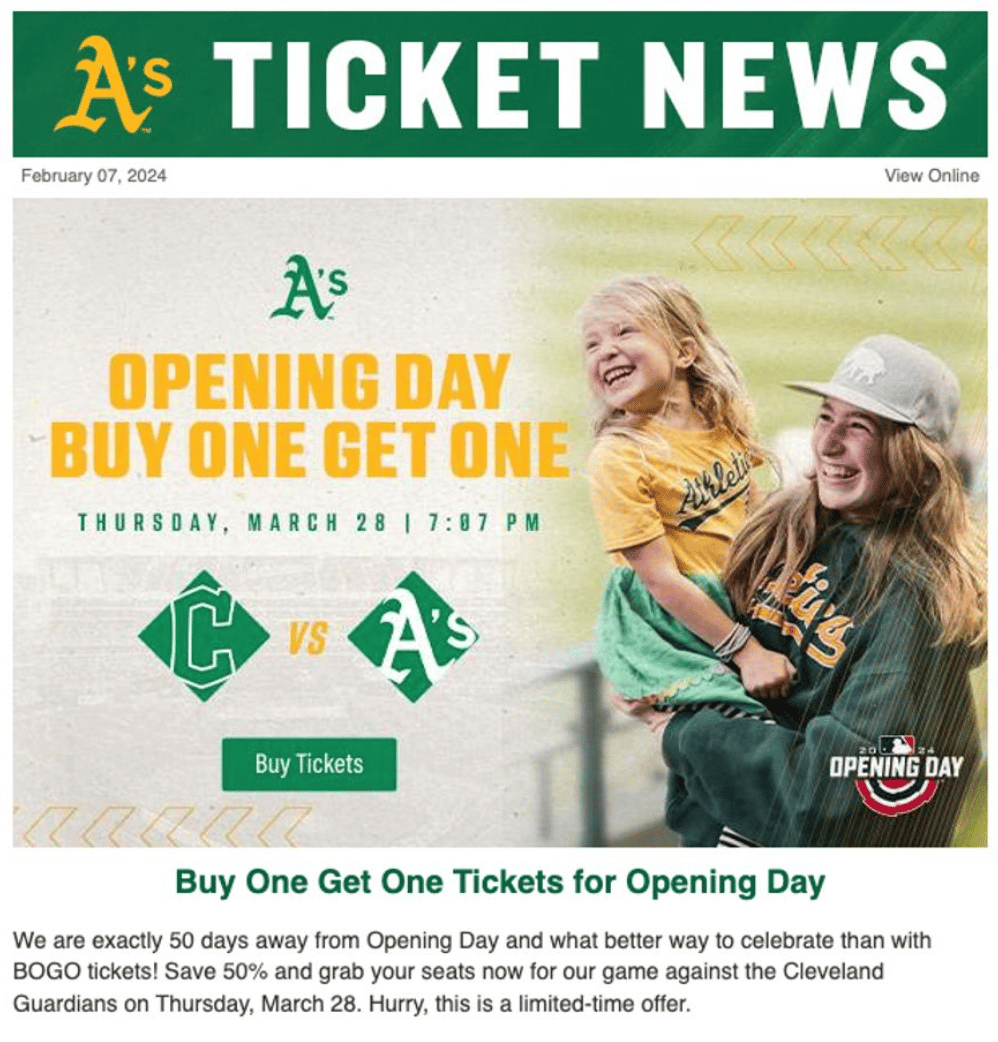 Sale offer for Oakland A's tickets: buy one, get one free