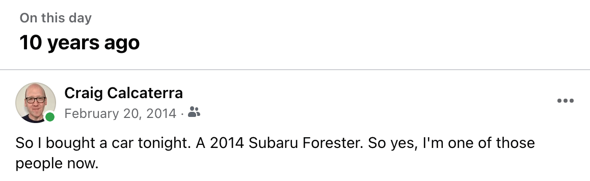 Facebook post from February 20, 2014: "So I bought a Subaru tonight. A 2014 Subaru Forester. So yes, I'm one of those people now"