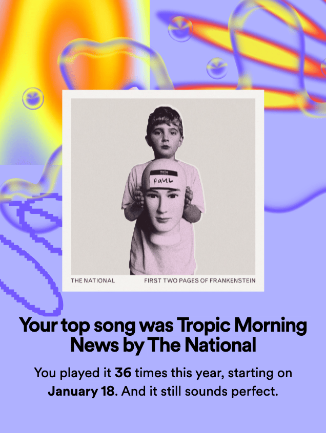 "Your top song of 2023 was 'Tropic Morning News' by The National"