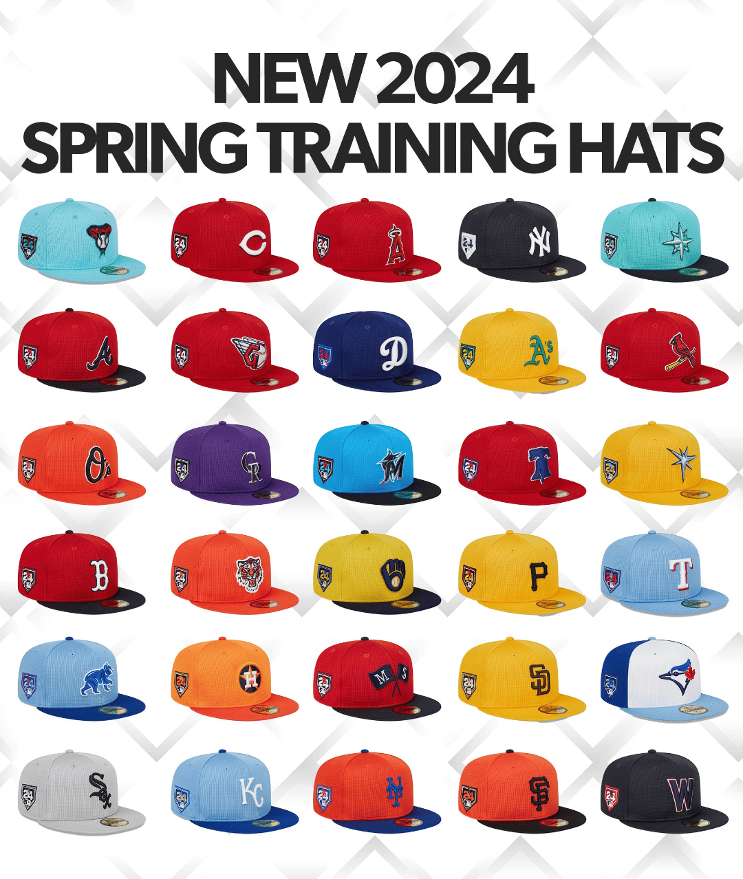 All 30 spring training caps. There are a lot of yellow ones