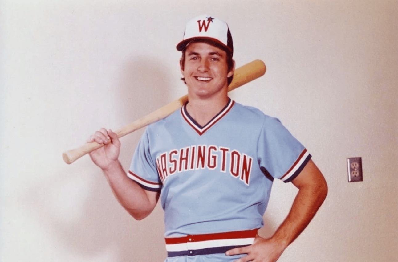 San Diego Padres pitcher Dave Freisleben models “Washington” road uniforms in 1973