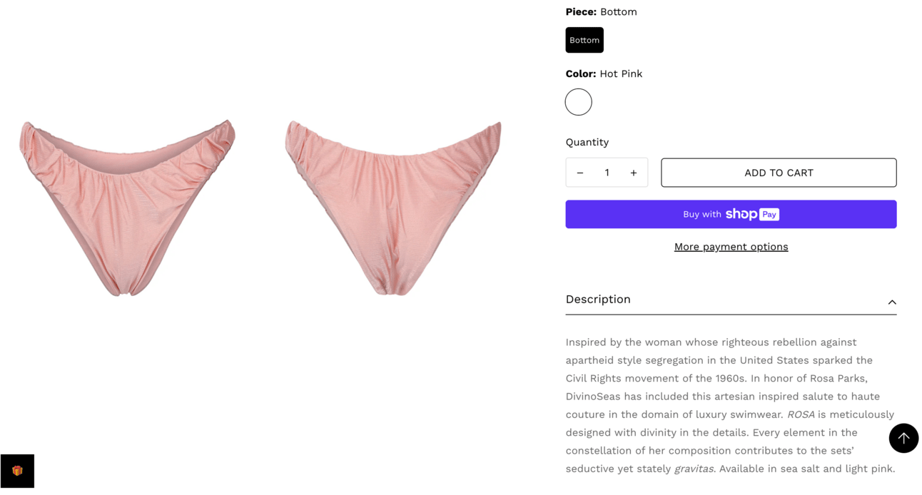 An online product listing for pink bikini bottoms somehow inspired by Rosa Parks
