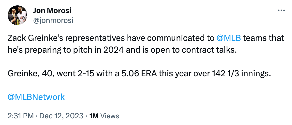 Jon Morosi tweet: "Zack Greinke's representatives have communicated to @MLB teams that he's preparing to pitch in 2024 and is open to contract talks. Greinke, 40, went 2-15 with a 5.06 ERA this year over 142 1/3 innings."