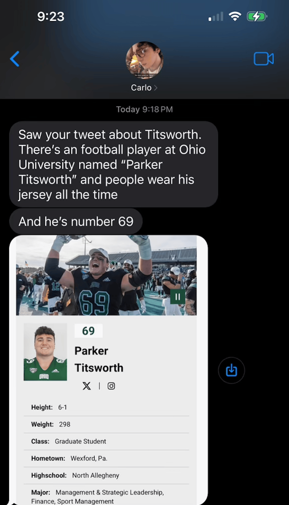 Carlo texting me about an Ohio University football player named Parker Titsworth, who wears number 69