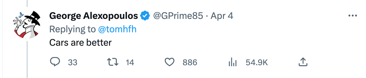 Man tweeting "cars are better"