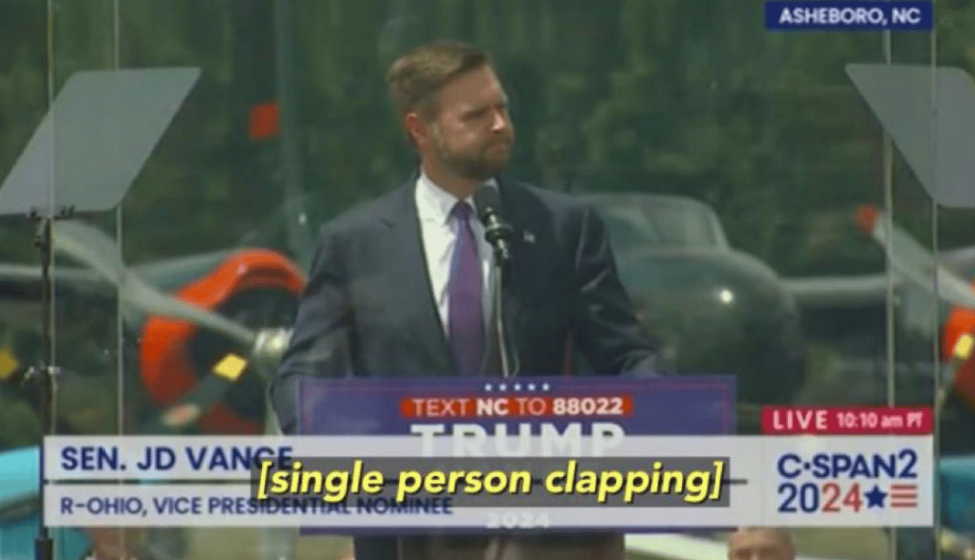 J.D. Vance on CSPAN giving a speech with the closed caption "single person clapping"