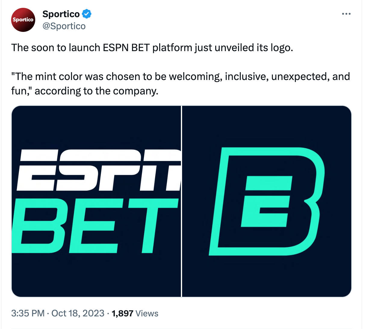 Sportico tweet: "The soon to launch ESPN BET platform just unveiled its logo. "The mint color was chosen to be welcoming, inclusive, unexpected, and fun," according to the company." with a photo of ESPN BET logos showing green colors