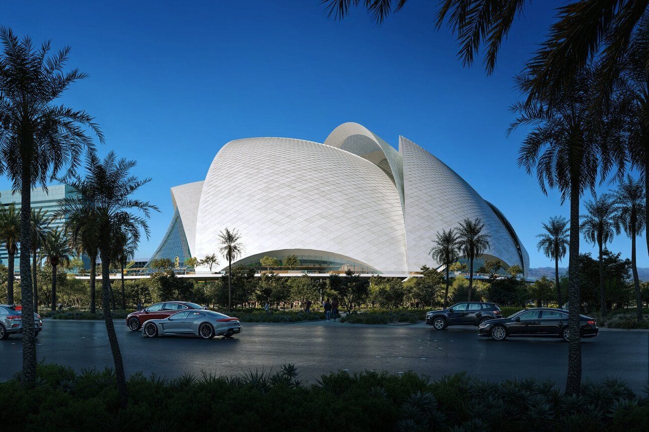 Stadium rendering, outside, with the large shell-like superstructure