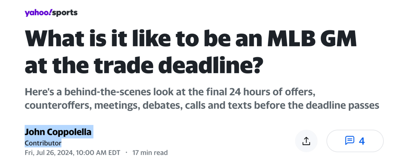 Yahoo column about the trade deadline written by John Coppolella