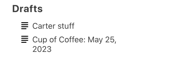 Drafts tab for my newsletter with "Carter Stuff" listed as an item