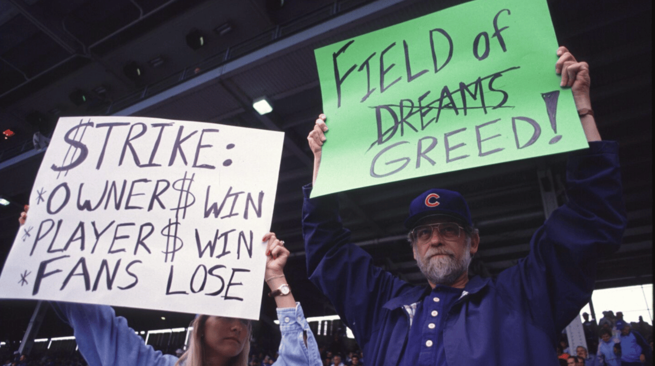 Fans holding up signs in 1994 protesting the strike