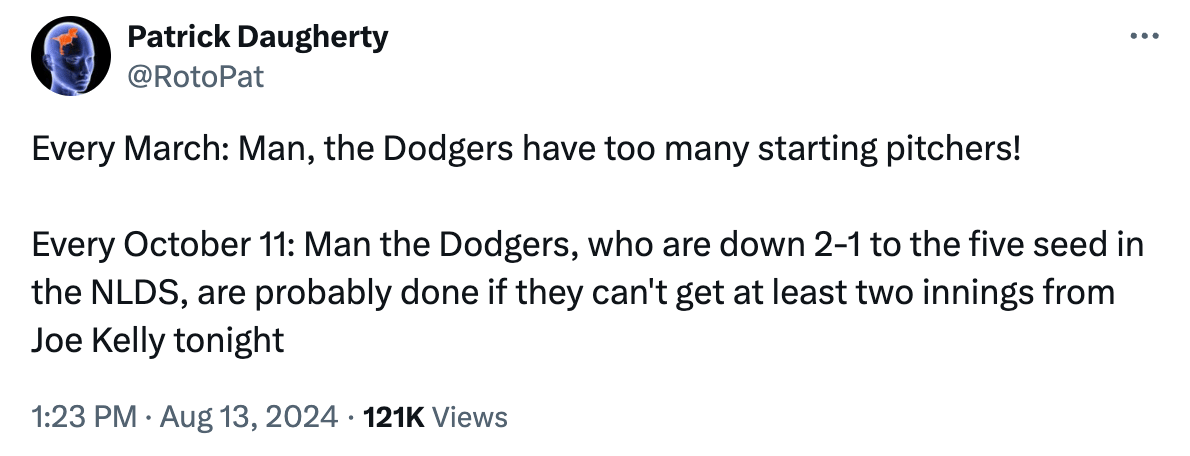 Tweet from Patrick Daugherty in August: "Every March: Man, the Dodgers have too many starting pitchers! Every October 11: Man the Dodgers, who are down 2-1 to the five seed in the NLDS, are probably done if they can't get at least two innings from Joe Kelly tonight"