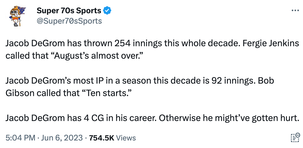 "Jacob DeGrom has thrown 254 innings this whole decade. Fergie Jenkins called that “August’s almost over.” Jacob DeGrom’s most IP in a season this decade is 92 innings. Bob Gibson called that “Ten starts.” Jacob DeGrom has 4 CG in his career. Otherwise he might’ve gotten hurt."