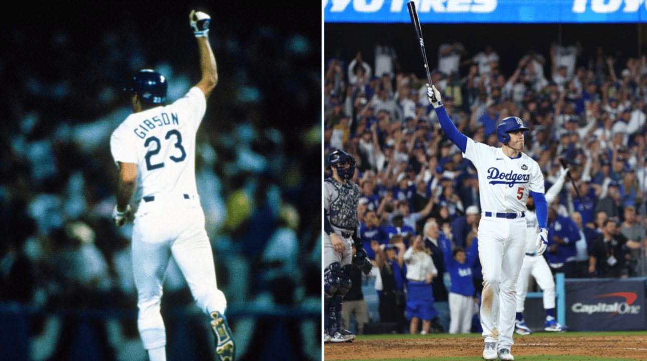 Side by side pics of Kirk Gibson and Freddie Freeman hitting their World Series home runs