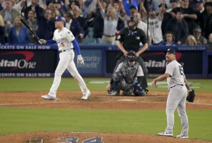 Nestor Cortes watching the ball fly after he gave up a walkoff grand slam to Freddie Freeman in the World Series