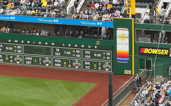 An ad for a shitty iced tea and vodka canned cocktail at the right field corner at PNC Park