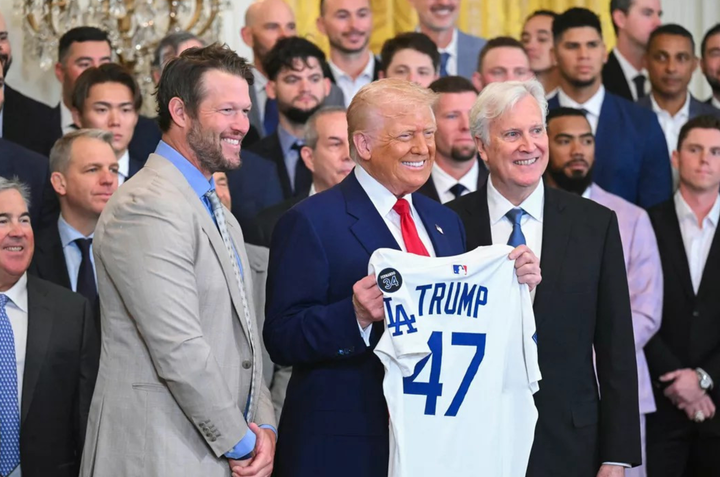 Clayton Kershaw presenting Donald Trump with a Dodgers 47 jersey 