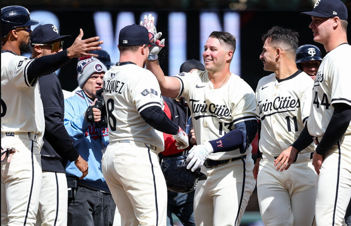 Twins players celebrating walkoff win