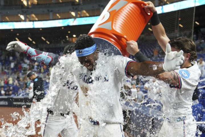 Jesús Sánchez of the Marlins getting a gatorade bath
