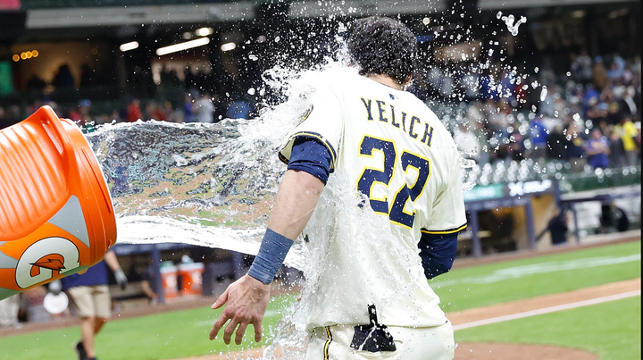 Christian Yelich getting doused with gatorade