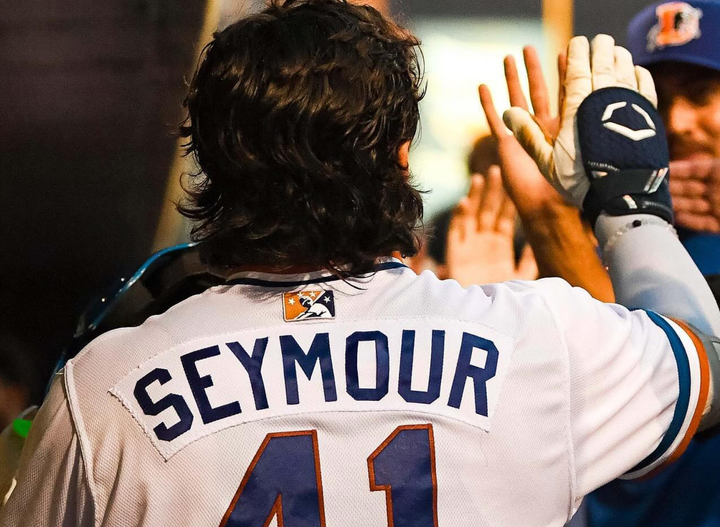 The back of Durham Bulls first baseman Bob Seymour's jersey