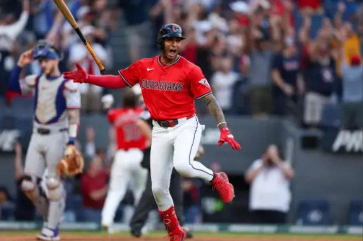 Brayan Rocchio flipping his bad after a walkoff home run