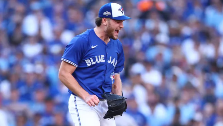 Trey Yesavage of the Blue Jays showing enthusiasm after striking someone out in yesterday's game