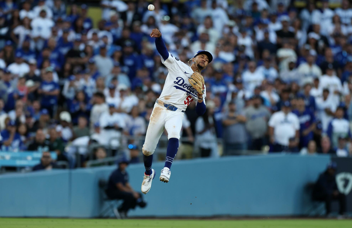 Mookie Betts at the top of a jump-throw in last night's game