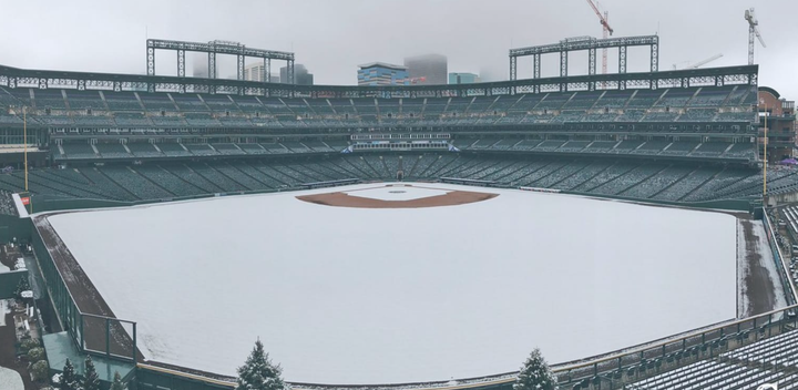 Snow-covered baseball field