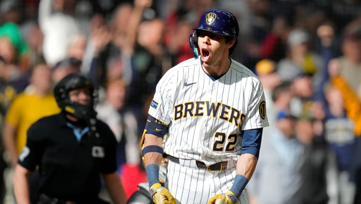 Christian Yellich yelling after hitting a home run